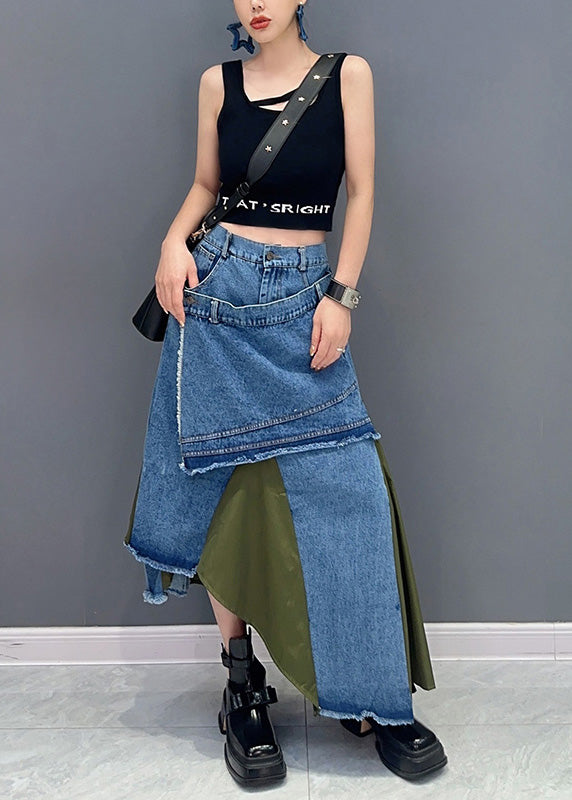 Stylish Green Asymmetrical Patchwork Denim Skirt Summer