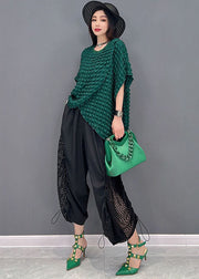 Stylish Green Asymmetrical Plaid Patchwork Tulle Hollow Out Silk Two Piece Suit Set Short Sleeve