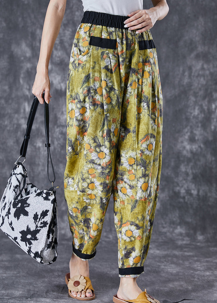 Stylish Green Elastic Waist Patchwork Print Cotton Harem Pants Summer