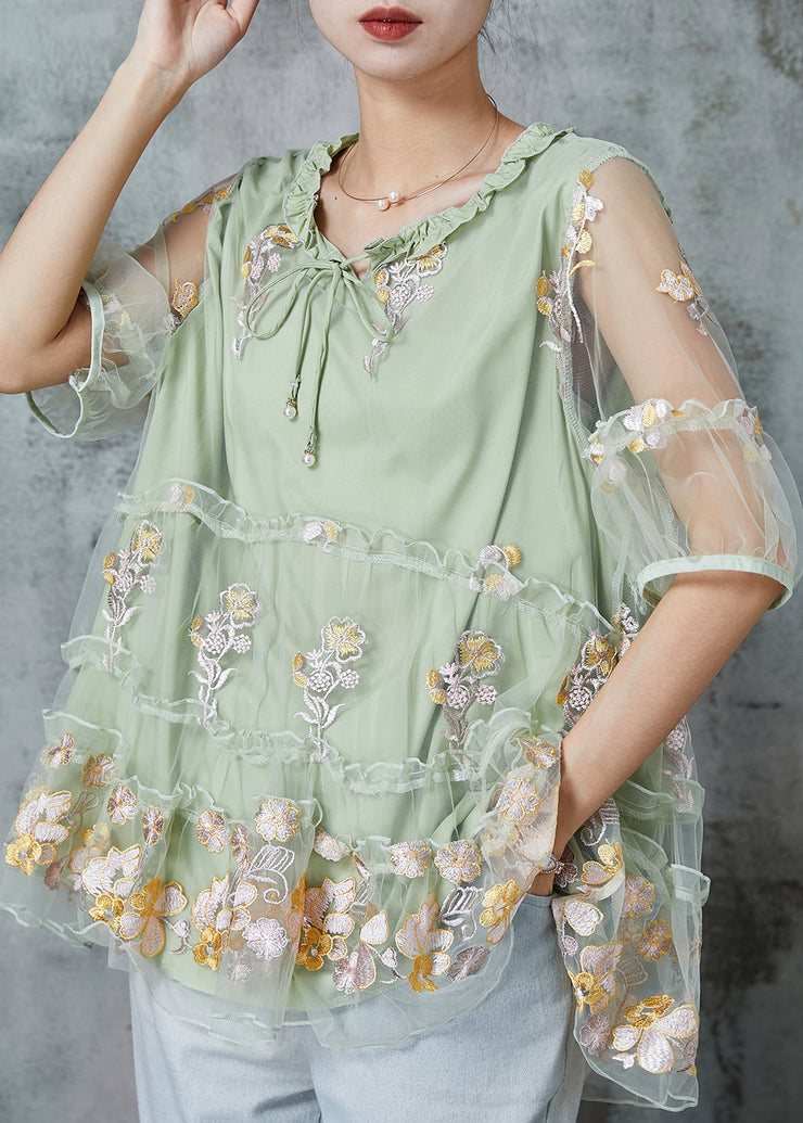 Stylish Green Embroidered Ruffled Tulle Blouse Tops Summer