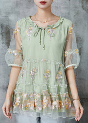 Stylish Green Embroidered Ruffled Tulle Blouse Tops Summer