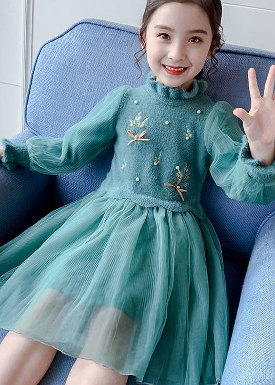 Stylish Green Embroideried Nail Bead Patchwork Tulle Kids Girls Dresses Fall