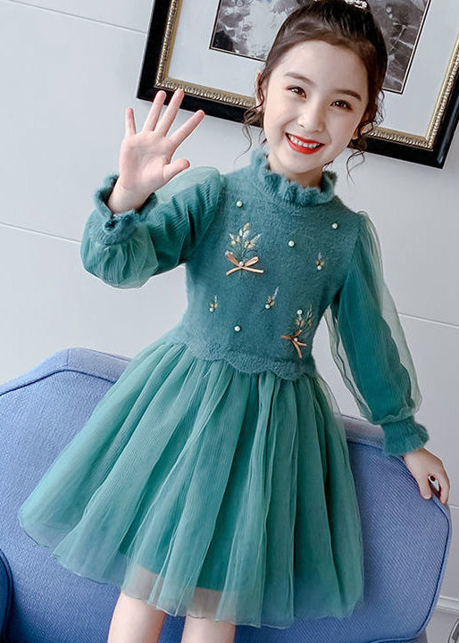 Stylish Green Embroideried Nail Bead Patchwork Tulle Kids Girls Dresses Fall