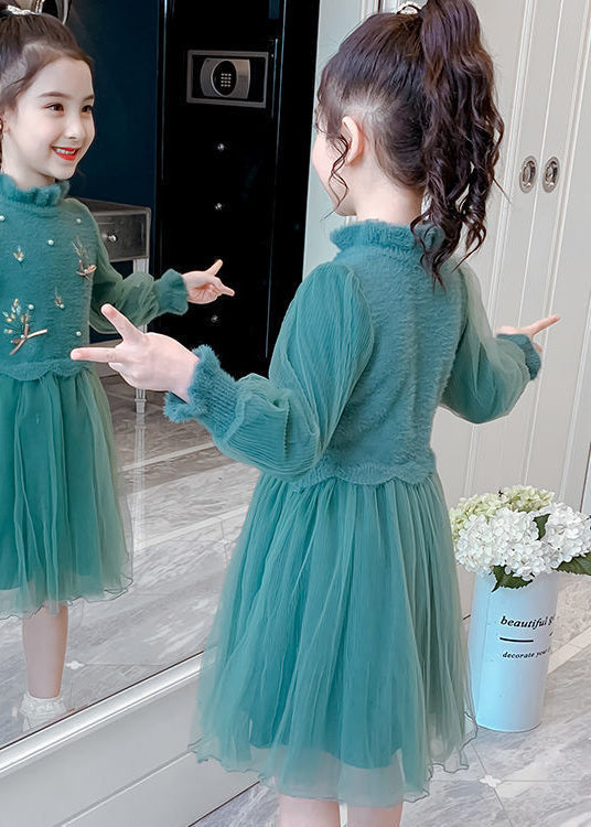 Stylish Green Embroideried Nail Bead Patchwork Tulle Kids Girls Dresses Fall