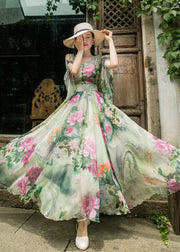 Stylish Green Floral V Neck Chiffon Beach Long Dresses Flared Sleeve