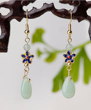 Stylish Green Jade Droplet Shape Cloisonne Metal Drop Earrings