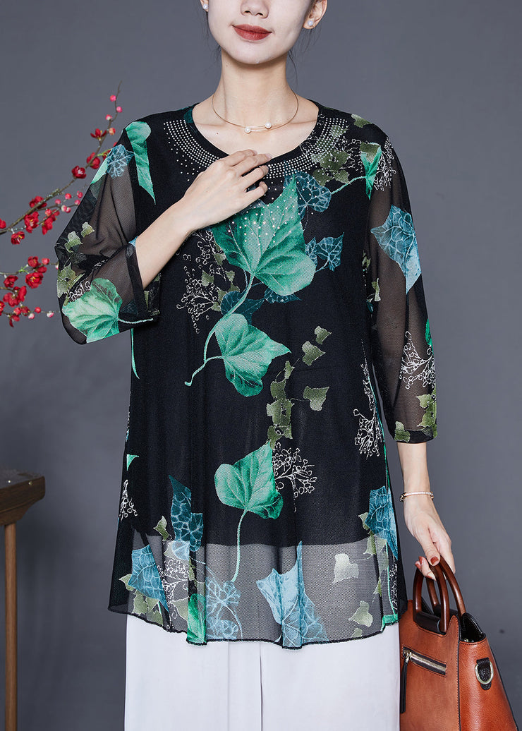 Stylish Green Leaf Print Oversized Chiffon Top Bracelet Sleeve