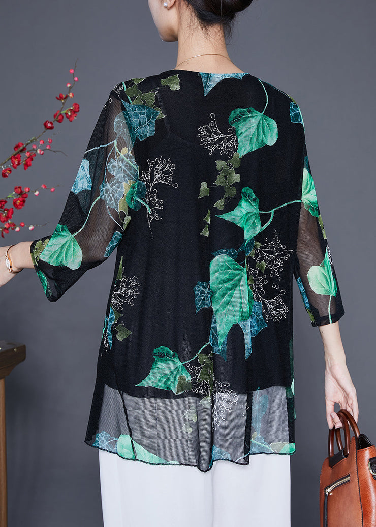 Stylish Green Leaf Print Oversized Chiffon Top Bracelet Sleeve