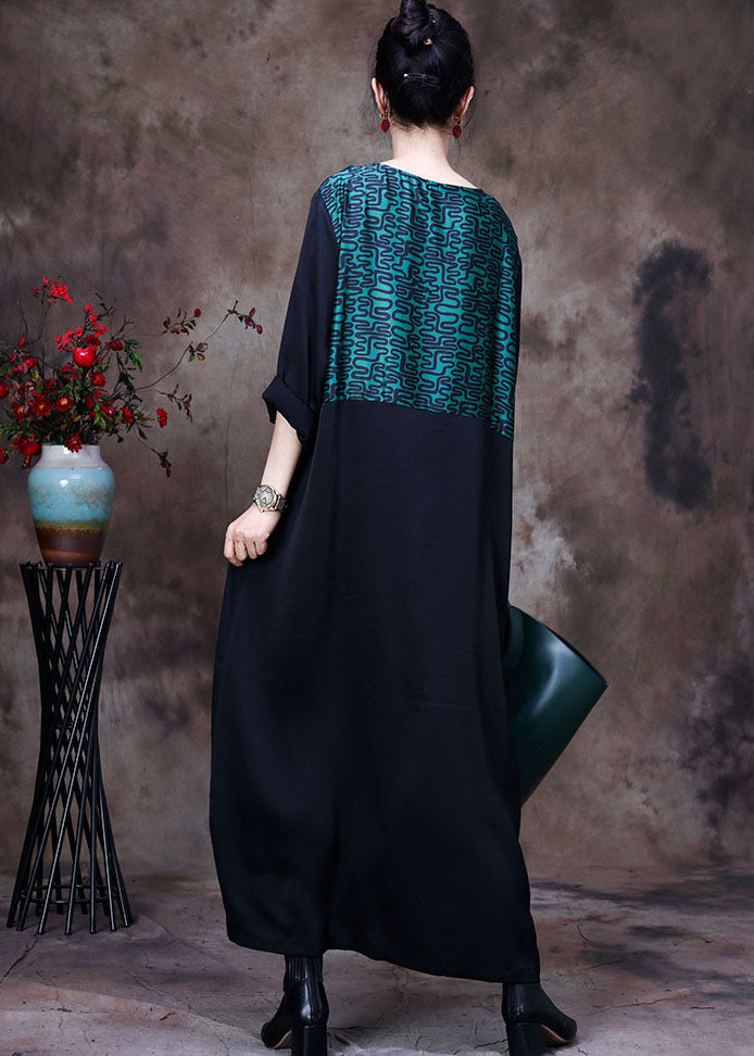 Stylish Green O-Neck Asymmetrical Patchwork Curve Silk Long Dress Long Sleeve