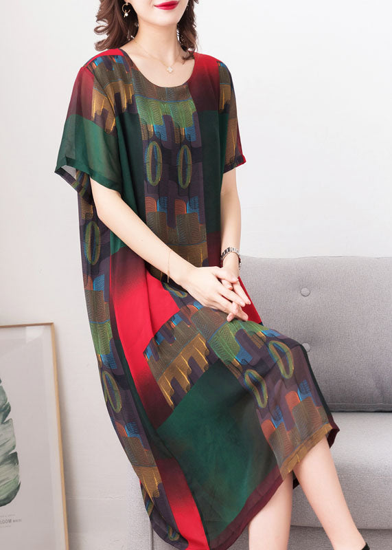 Stylish Green O Neck Print Patchwork Chiffon Dress Summer