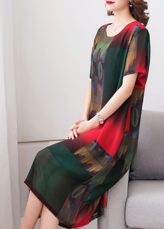 Stylish Green O Neck Print Patchwork Chiffon Dress Summer