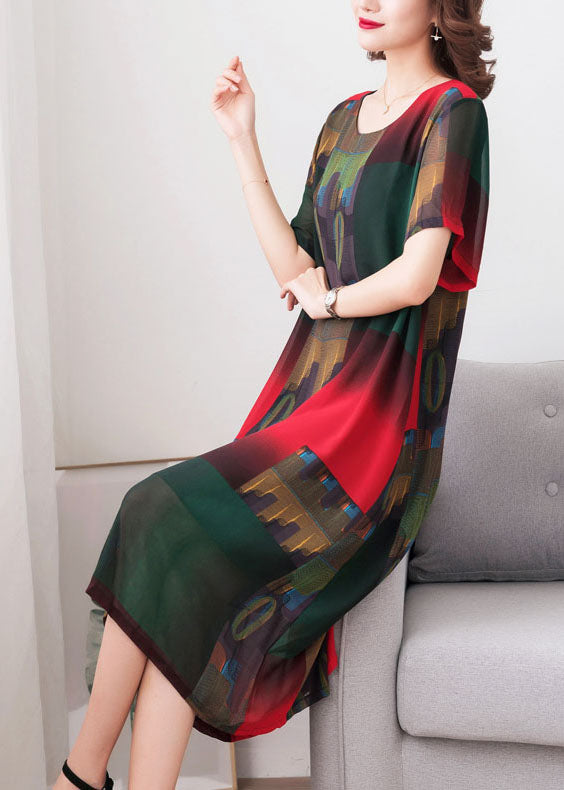 Stylish Green O Neck Print Patchwork Chiffon Dress Summer