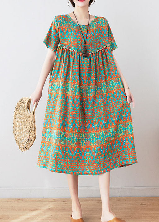 Stylish Green O Neck Wrinkled Print Patchwork Cotton Mid Dresses Summer