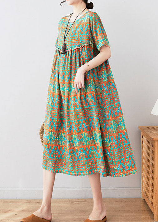 Stylish Green O Neck Wrinkled Print Patchwork Cotton Mid Dresses Summer