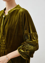 Stylish Army Green Oversized Wrinkled Silk Velour Shirt Spring