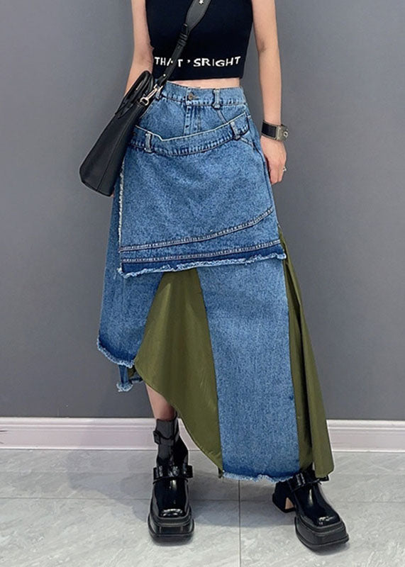 Stylish Green Patchwork High Waist Asymmetrical Denim Skirts Fall