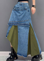 Stylish Green Patchwork High Waist Asymmetrical Denim Skirts Fall