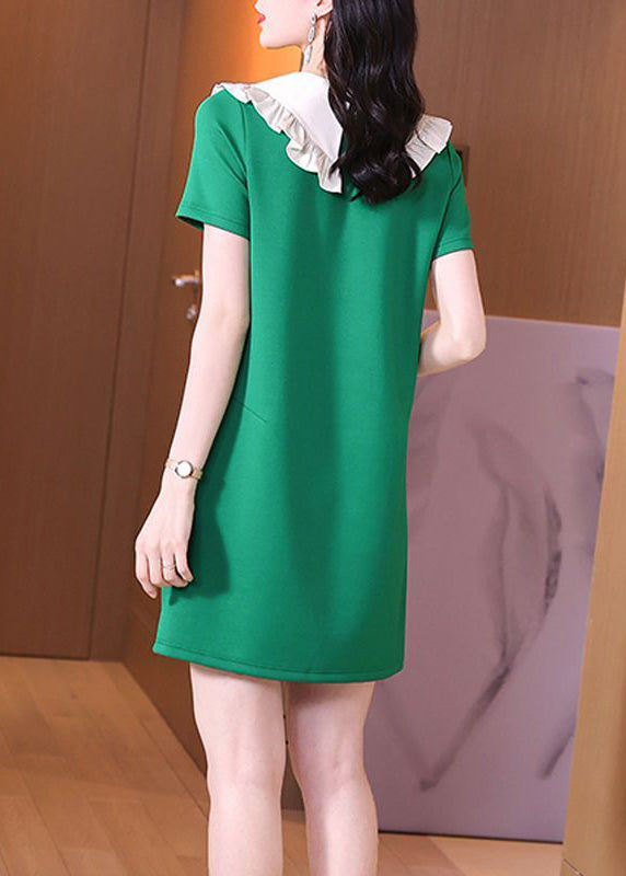 Stylish Green Peter Pan Collar Ruffles Pockets Spandex Dress Summer