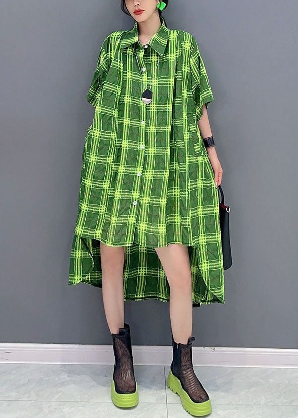 Stylish Green Plaid Peter Pan Collar Patchwork Cotton Shirts Dress Summer