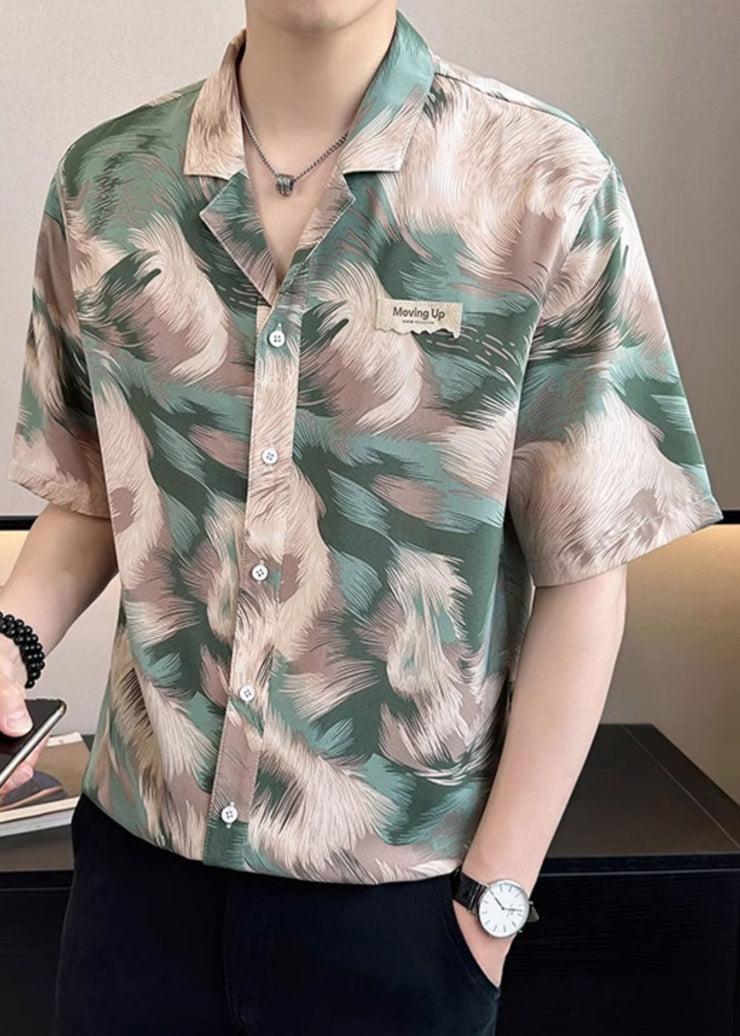 Stylish Green Print Button Cotton Men Shirts Summer