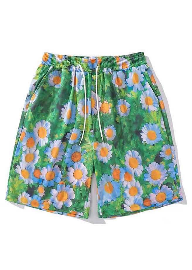Stylish Green Print Elastic Waist Cotton Summer Men Beach Shorts