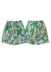 Stylish Green Print Elastic Waist Cotton Summer Men Beach Shorts