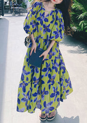 Stylish Green Print Patchwork Chiffon Long Dresses Half Sleeve