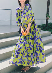 Stylish Green Print Patchwork Chiffon Long Dresses Half Sleeve