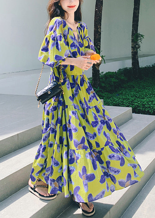 Stylish Green Print Patchwork Chiffon Long Dresses Half Sleeve