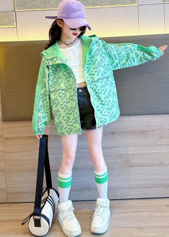 Stylish Green Print Patchwork Girls Hooded Coat Fall