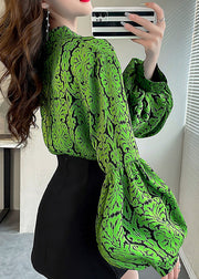 Stylish Green Print Stand Collar Chiffon Shirts Top Lantern Sleeve