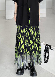 Stylish Green Print Tasseled Patchwork Cotton Maxi Skirts Summer