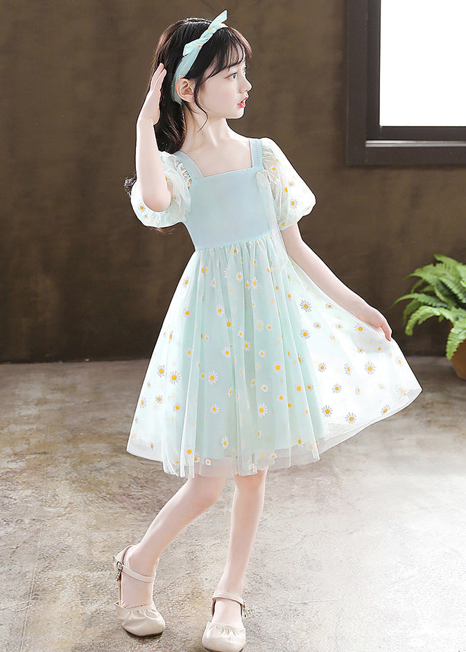 Stylish Green Puff Sleeve Daisy Tulle Kids Girls Mid Dress Summer