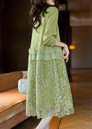 Stylish Green Ruffled Button Lace Patchwork Dresses Long Sleeve