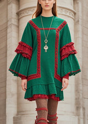 Stylish Green Ruffled Patchwork Cotton Day Dress Flare Sleeve