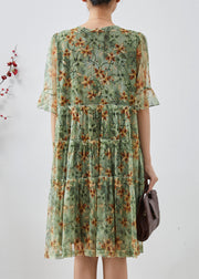 Stylish Green Ruffled Print Chiffon Vacation Dress Summer