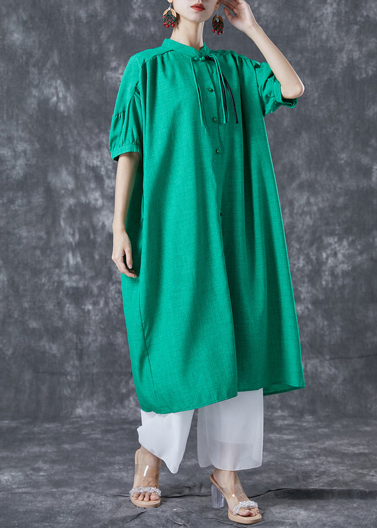 Stylish Green Stand Collar Oversized Tassel Cotton Shirt Dress Summer