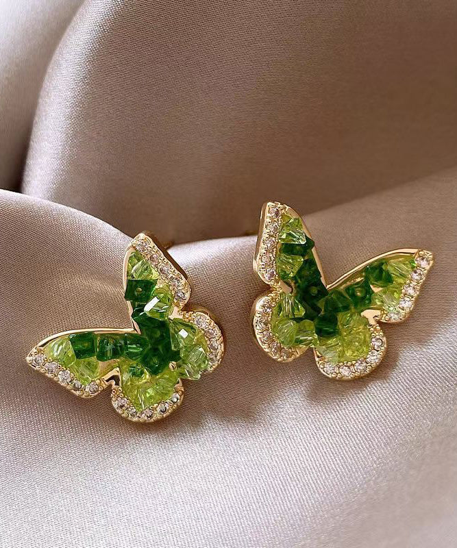 Stylish Green Sterling Silver Alloy Crystal Zircon Butterfly Stud Earrings