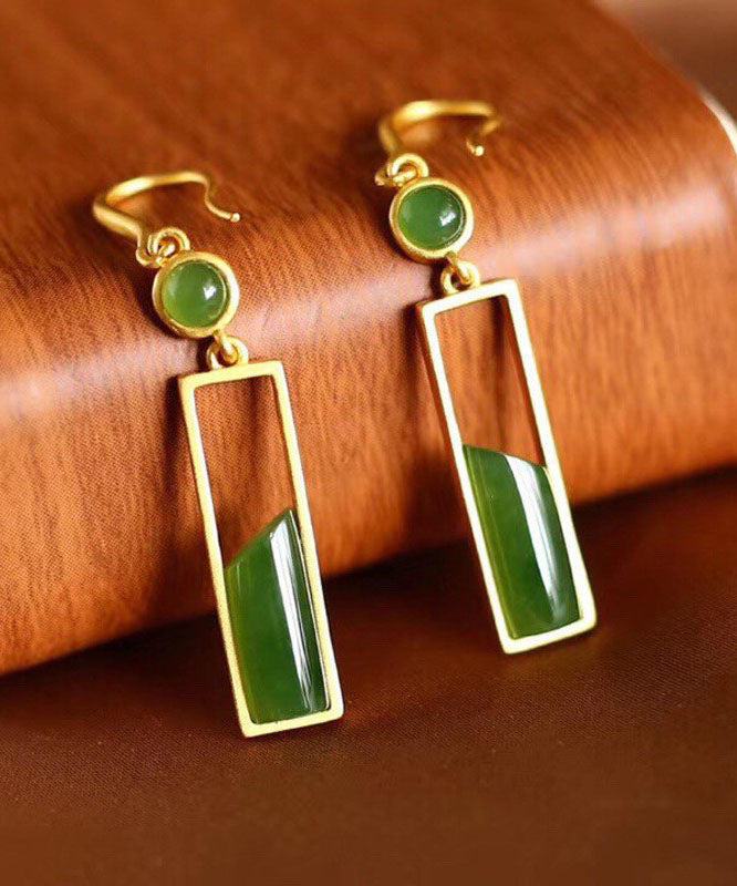 Stylish Green Sterling Silver Inlaid Jade Gem Stone Drop Earrings