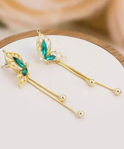 Stylish Green Sterling Silver Overgild Butterfly Tassel Drop Earrings