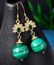 Stylish Green Sterling Silver Overgild Zircon Malachite Drop Earrings