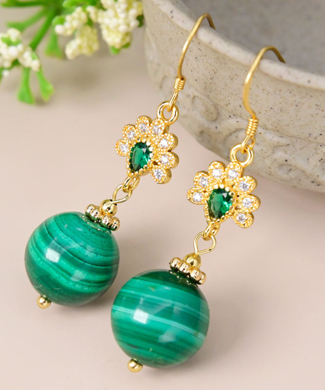 Stylish Green Sterling Silver Overgild Zircon Malachite Drop Earrings