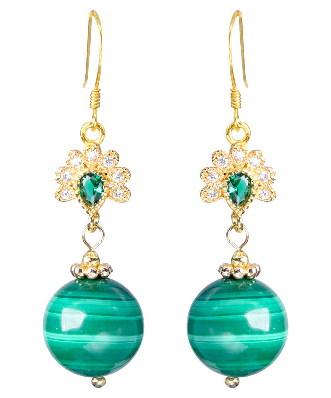 Stylish Green Sterling Silver Overgild Zircon Malachite Drop Earrings