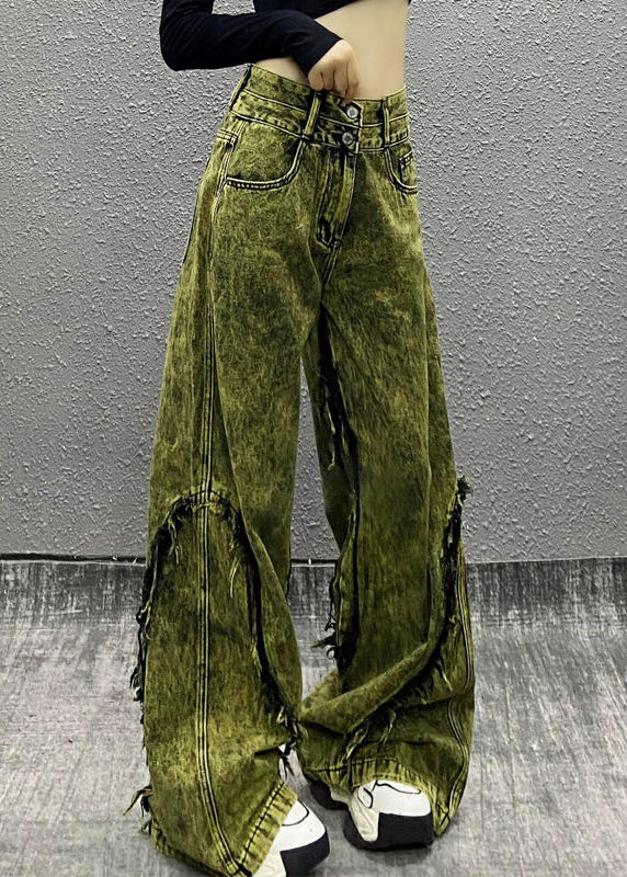 Stylish Green Tasseled Patchwork Denim Wide Leg Pants Fall