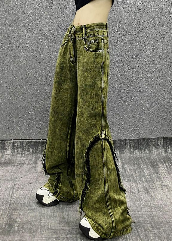 Stylish Green Tasseled Patchwork Denim Wide Leg Pants Fall