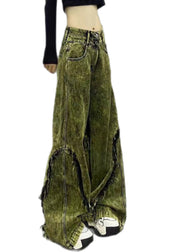 Stylish Green Tasseled Patchwork Denim Wide Leg Pants Fall