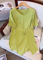 Stylish Green V Neck Asymmetrical Wrinkled Cotton T Shirt Top Summer