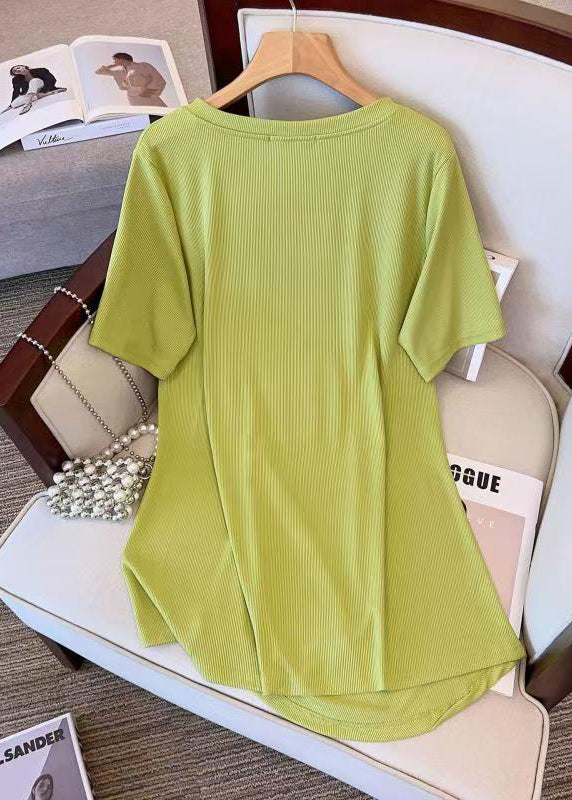 Stylish Green V Neck Asymmetrical Wrinkled Cotton T Shirt Top Summer