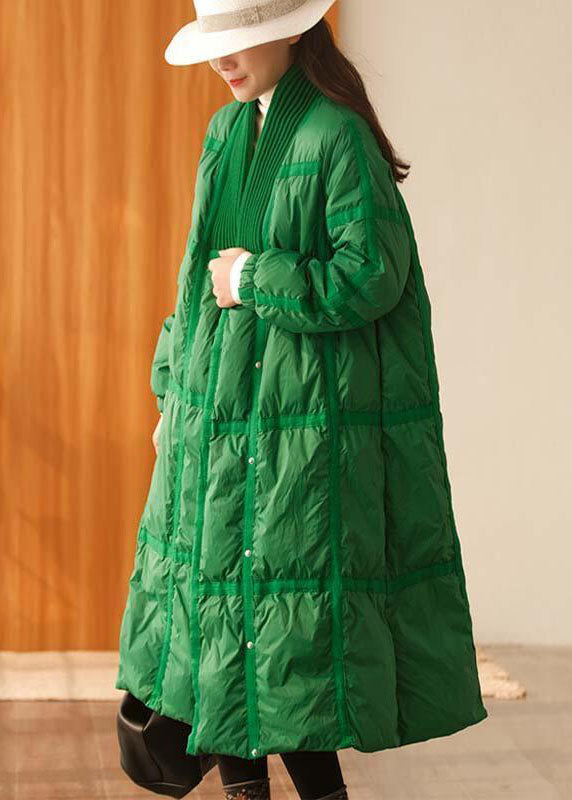 Stylish Green V Neck Knit Patchwork Duck Down Down Coats Winter