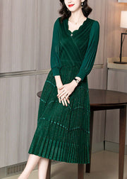 Stylish Green V Neck Patchwork Wrinkled Silk Long Dresses Long Sleeve